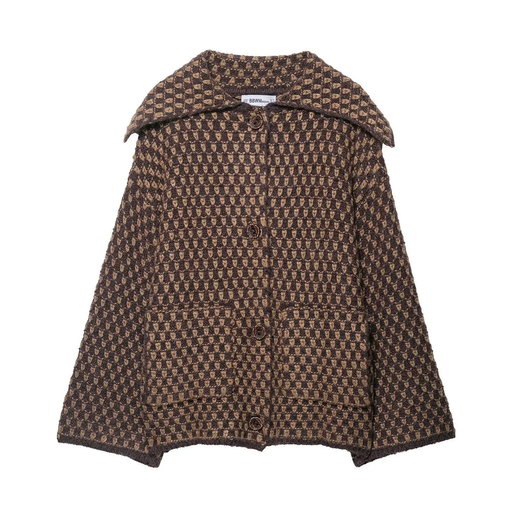 Brown Knit Cardigan – Women’s Elegant Lapel Sweater Coat