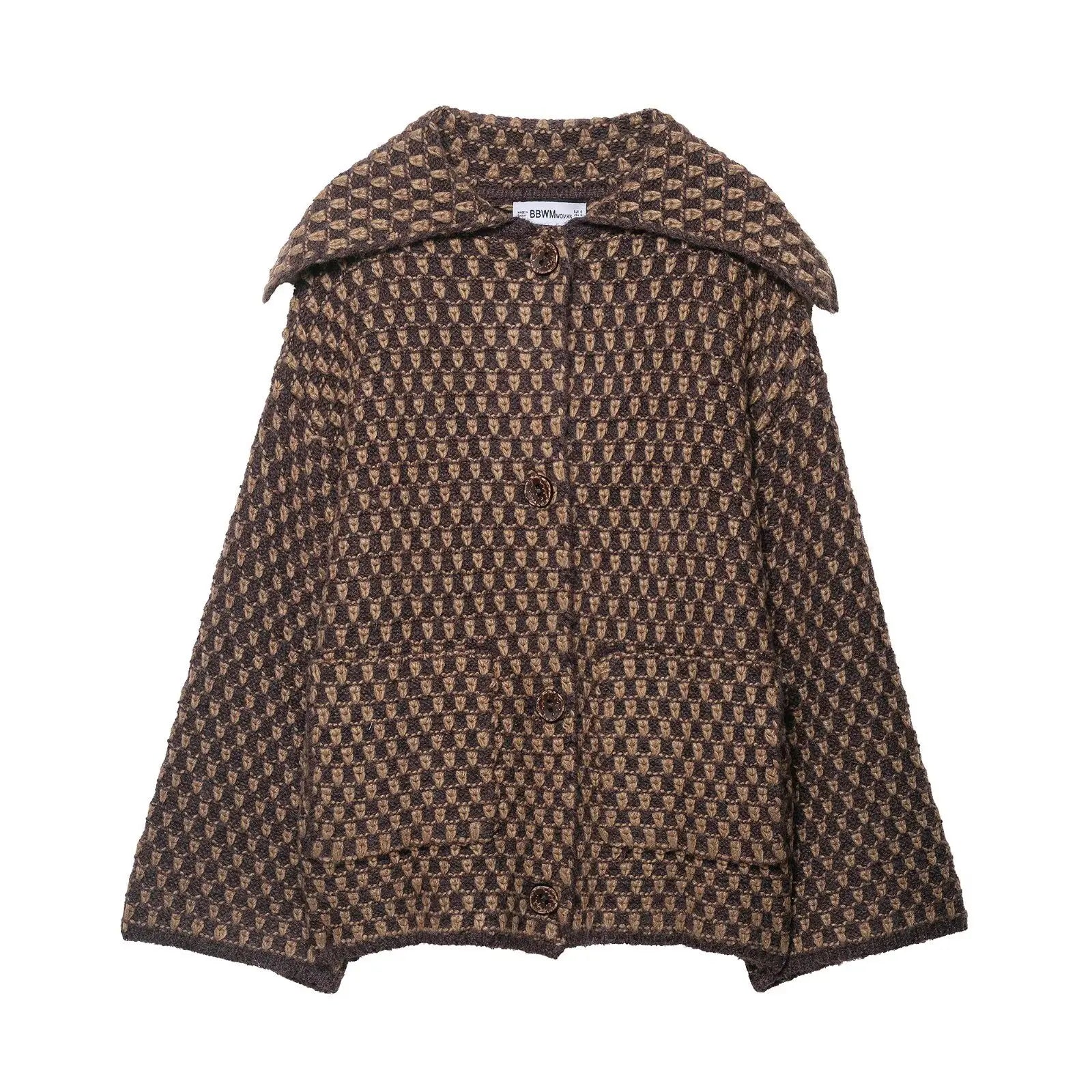 Brown Knit Cardigan – Women’s Elegant Lapel Sweater Coat