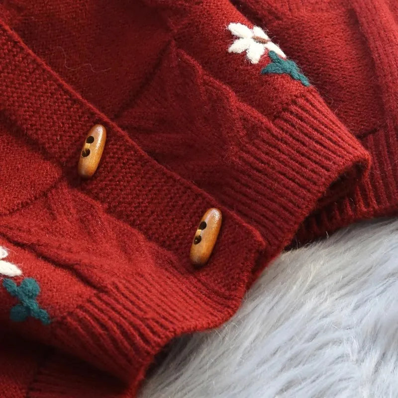 Retro Embroidered Twist Sweater Jacket – Women’s Thick Knit Cardigan