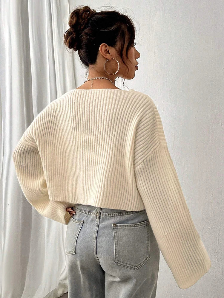 Women’s V-Neck Knit Sweater – Loose Fit Solid Color Textured Pullover