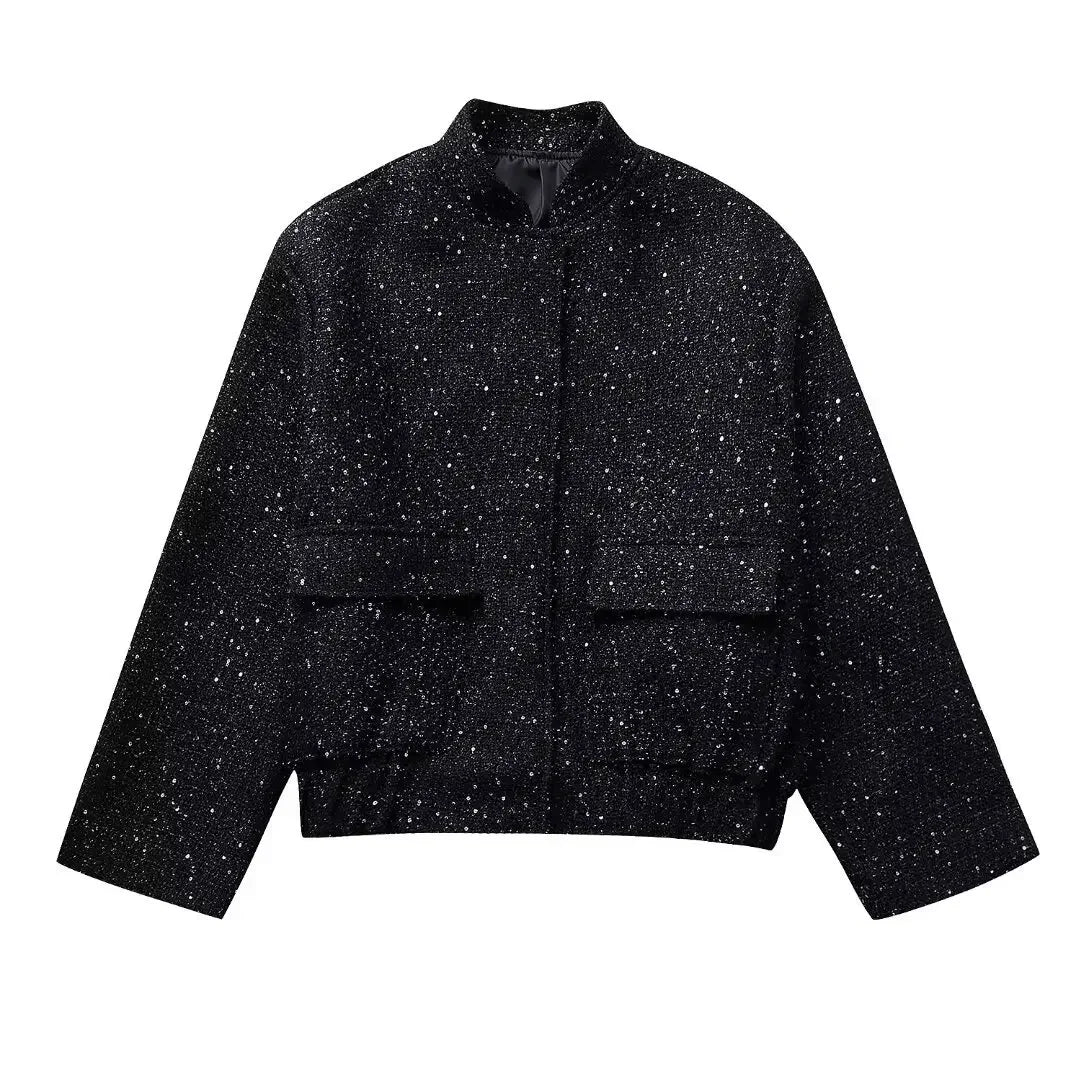Women’s Sequined Bomber Jacket – Chic Fall Round Neck Coat with Pockets