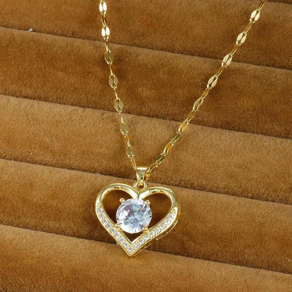 -Fashion Heart Gem & Lips Pendant Necklace for Women – Golden Stainless Steel Chain-