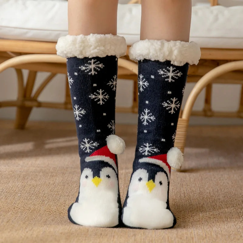 Cute Fuzzy Christmas Socks – Warm Plush Penguin & Deer Non-Slip Floor Slippers