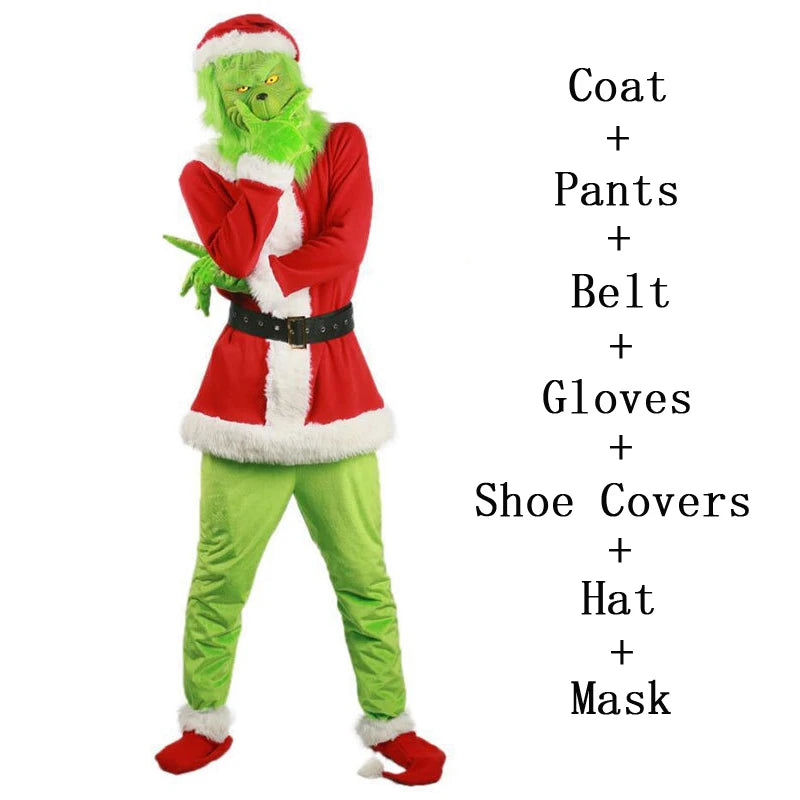 Grinch Christmas Outfit for Adults – Festive Green Fleece Santa Suit with Red & White Trim