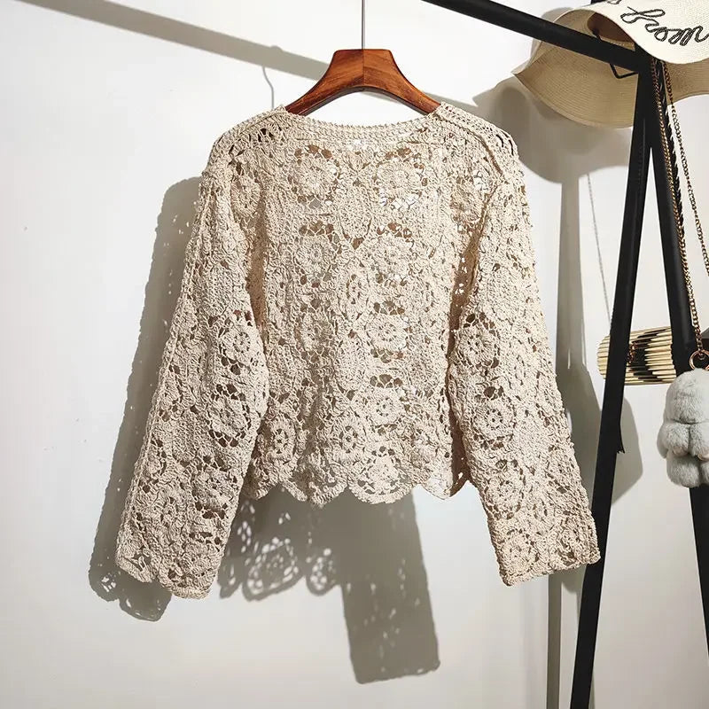 Women’s Lace Shawl Cotton Cardigan – Spring & Summer O-Neck Hollow Knit