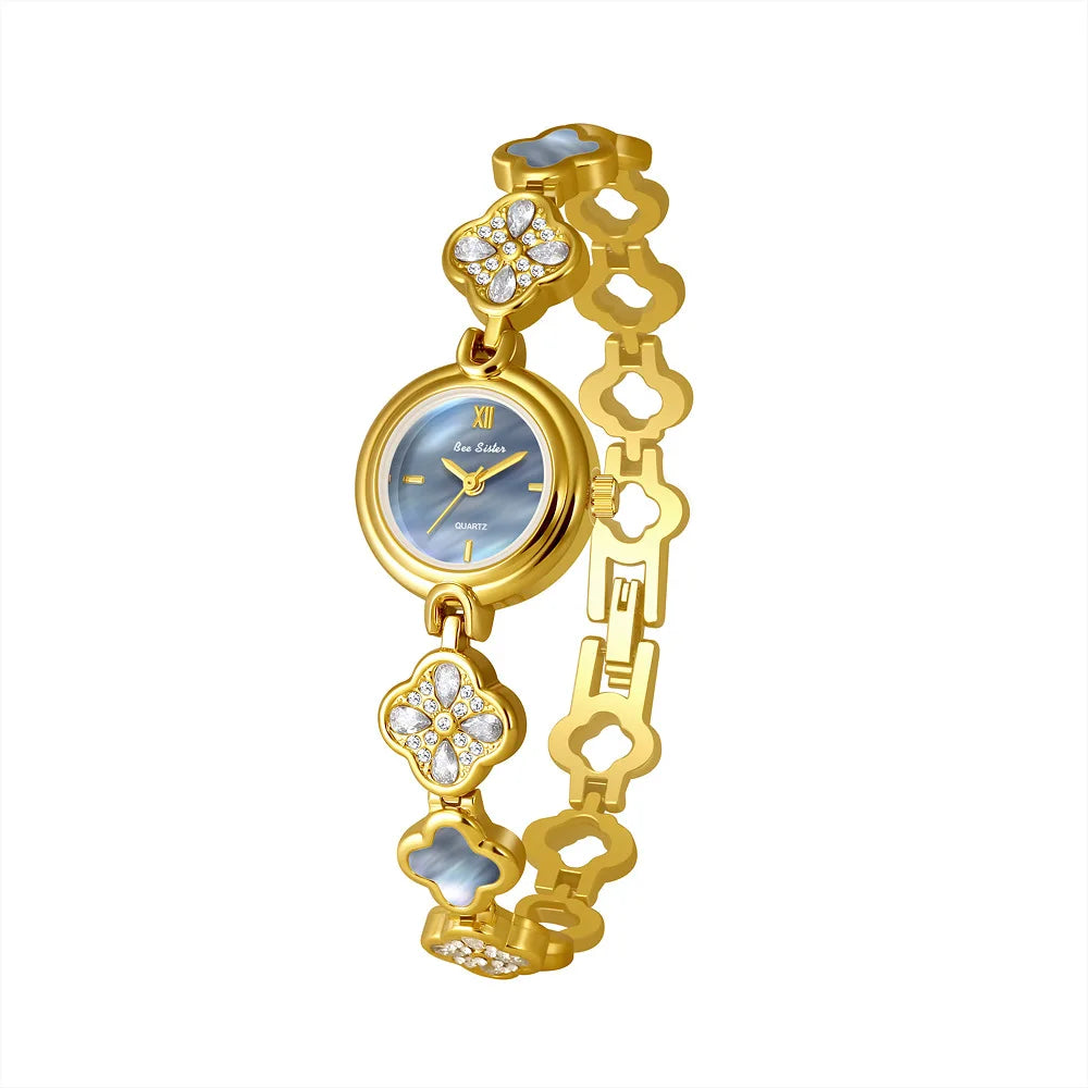 Women’s Lucky Four-Leaf Clover Quartz Watch – Elegant Crystal Bracelet Luxury Dress Watch