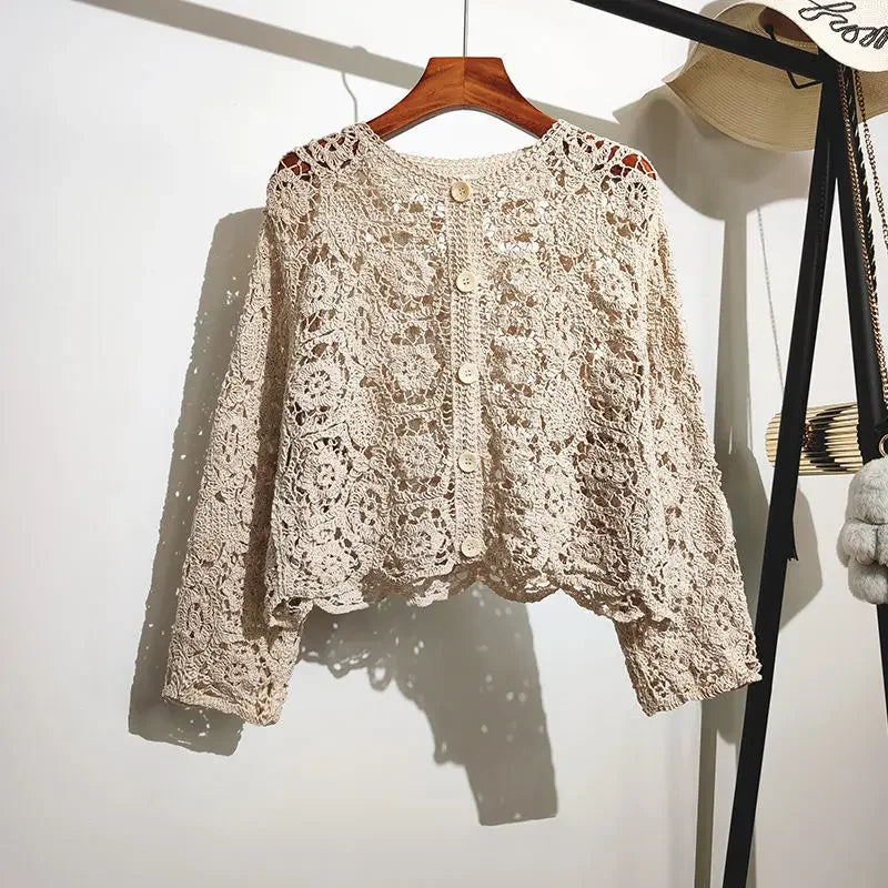 Women’s Lace Shawl Cotton Cardigan – Spring & Summer O-Neck Hollow Knit