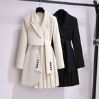 Fashion Long Sleeve Suit Dress – Pleated Belted Winter Outfit for Women
