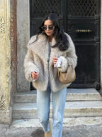 Women’s Chic Faux Fur Winter Coat – Solid Color Warm Lapel Collar Jacket