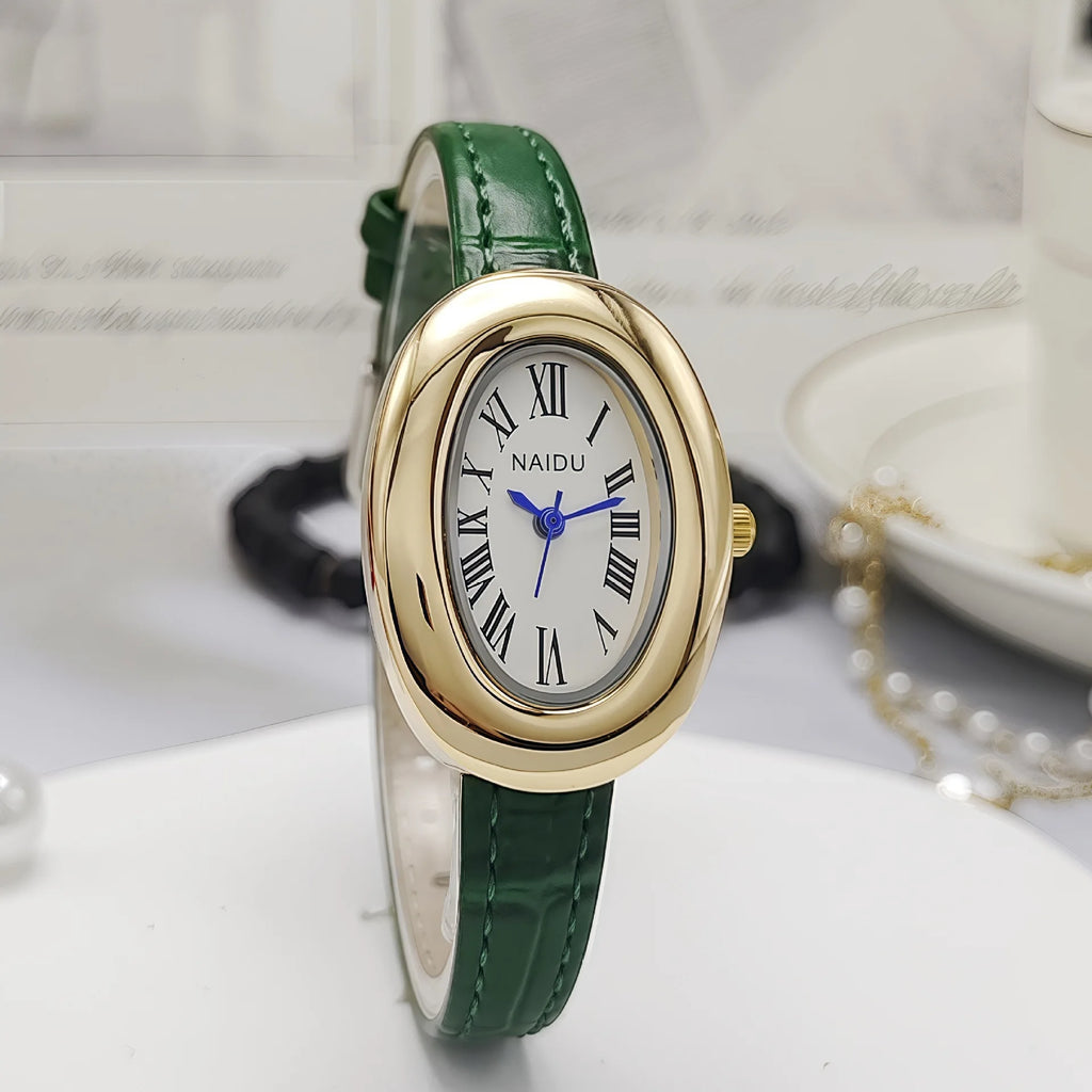 Vintage Oval Goose-Egg Women’s Quartz Watch – Leather Strap Ladies Timepiece
