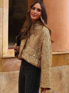 Women’s Sequined Bomber Jacket – Chic Fall Round Neck Coat with Pockets