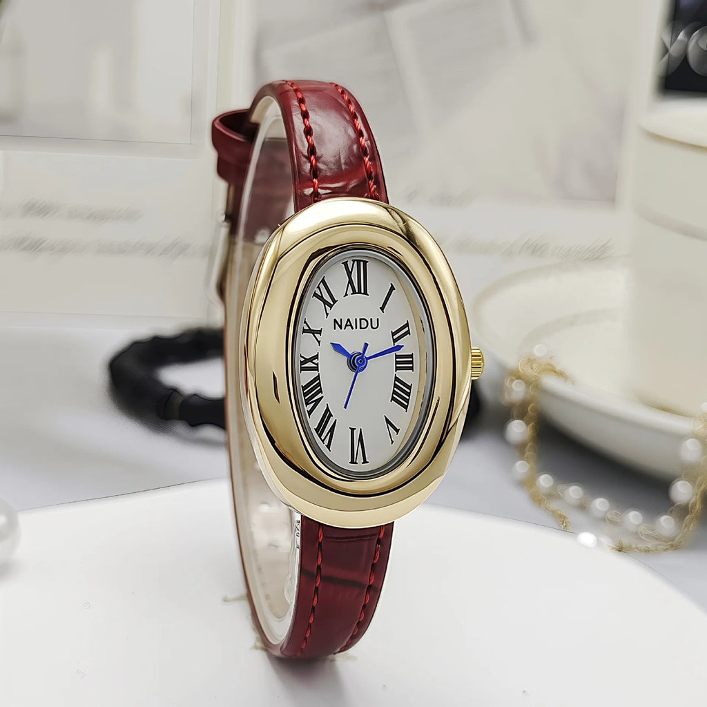 Vintage Oval Goose-Egg Women’s Quartz Watch – Leather Strap Ladies Timepiece