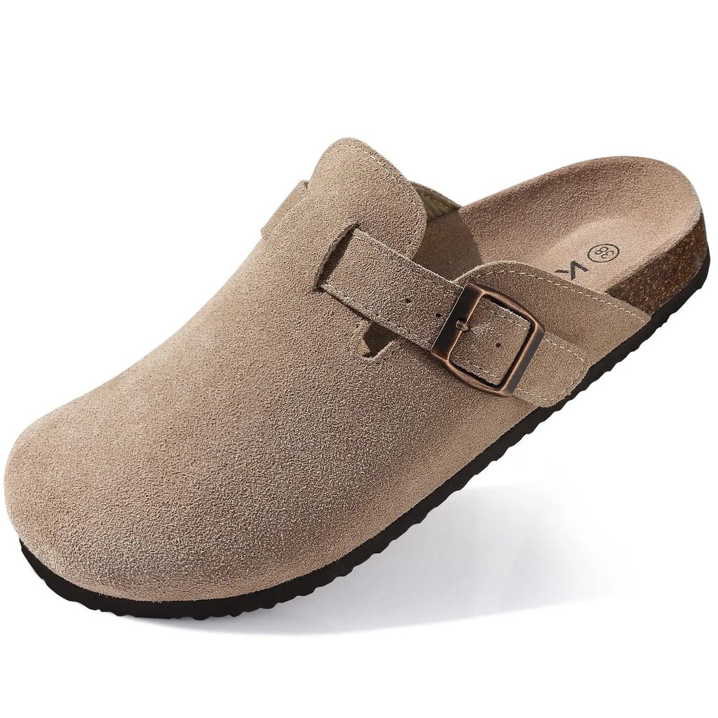 Philipberk Unisex Suede Clogs – Soft Leather Slip-On Sandals with Cork Footbed & Adjustable Buckle