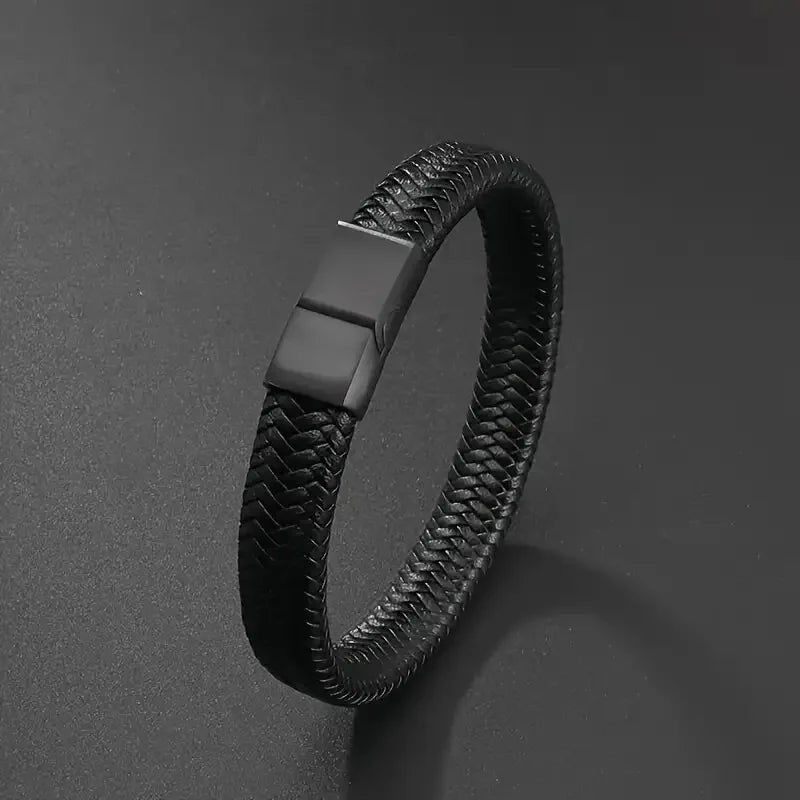 -Men’s Elegant Black Leather Magnetic Bracelet-