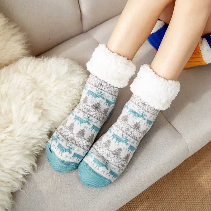 Cute Fuzzy Christmas Socks – Warm Plush Penguin & Deer Non-Slip Floor Slippers