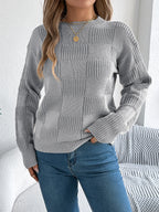 Women’s Plaid Knit Sweater – Round Neck Long Sleeve Cozy Cabin-Core Winter Pullover