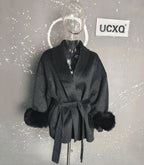 Elegant Woolen Overcoat with Fur Patchwork