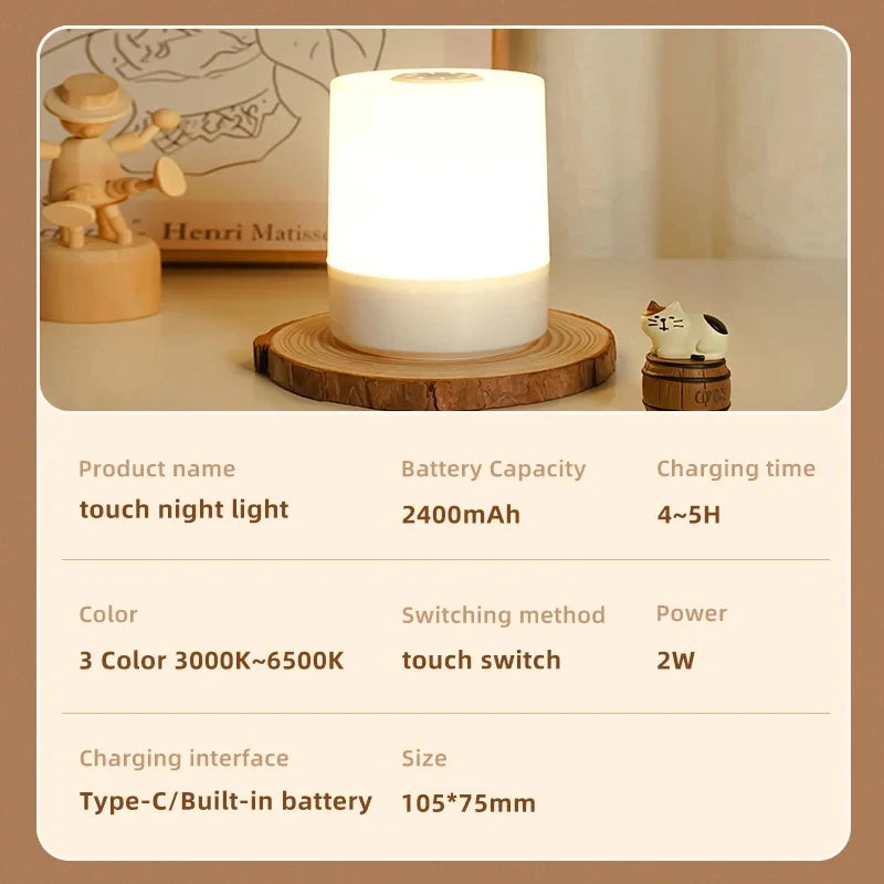 Touch-Control Night Lamp with 3-Level Dimming and USB Charging