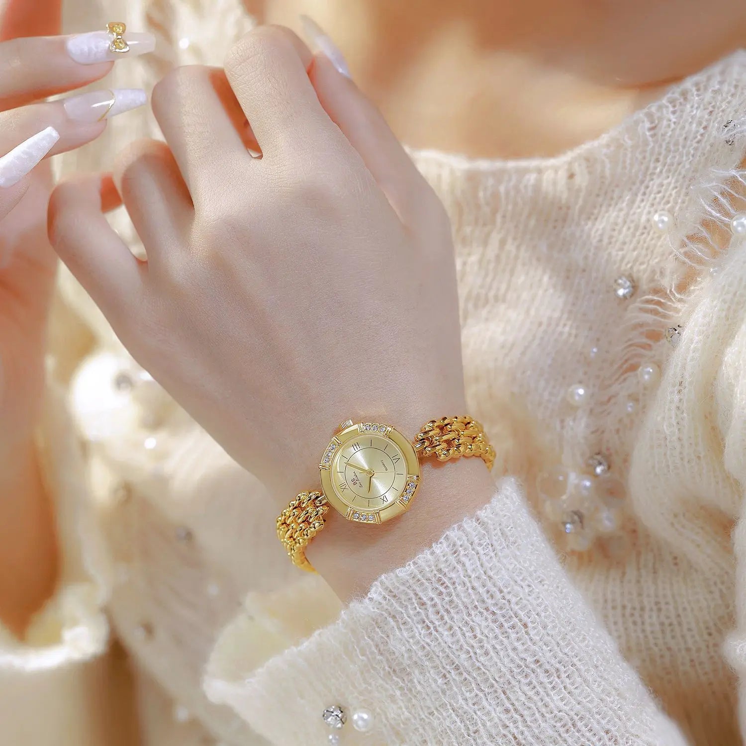 Vintage Gold Women’s Octagon Watch with Roman Numerals – Rhinestone Quartz Dress Watch