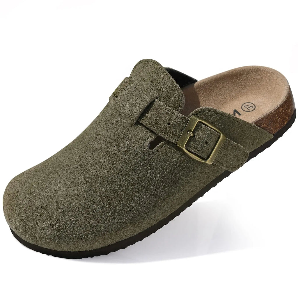 Philipberk Unisex Suede Clogs – Soft Leather Slip-On Sandals with Cork Footbed & Adjustable Buckle