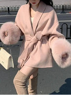 Elegant Woolen Overcoat with Fur Patchwork