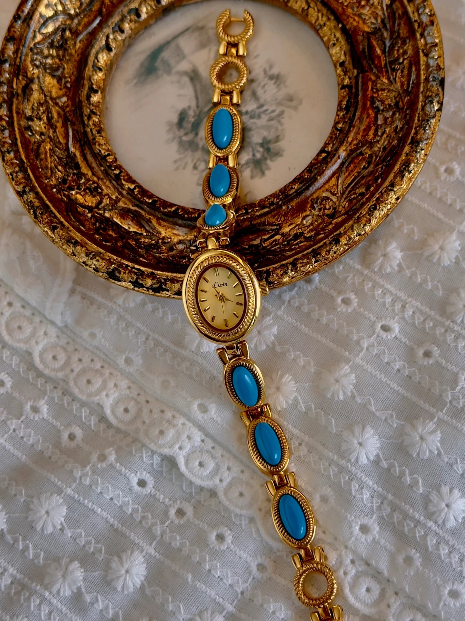 French Elegant Women’s Quartz Watch with Turquoise Stone Inlay – Waterproof Retro Oval Dial