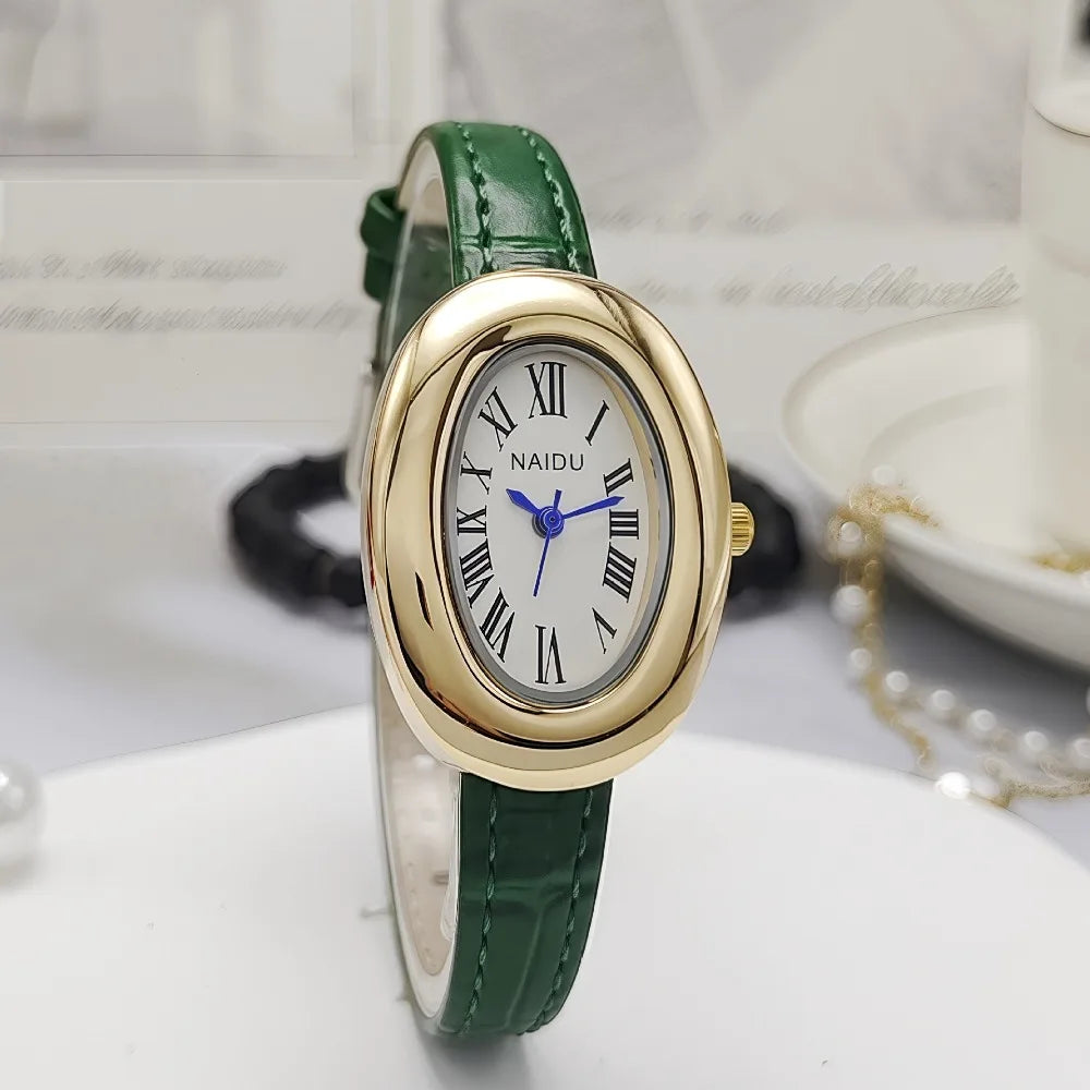 Vintage Oval Goose-Egg Women’s Quartz Watch – Leather Strap Ladies Timepiece