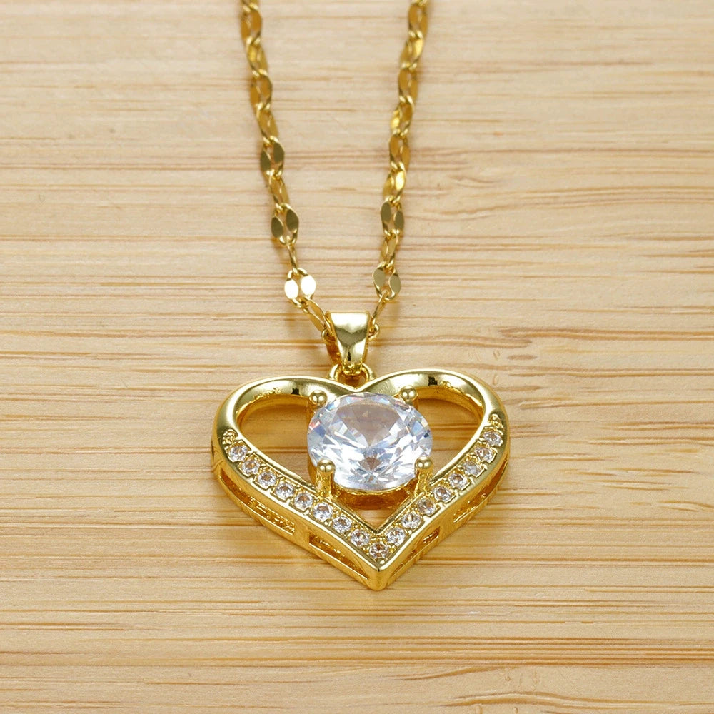 -Fashion Heart Gem & Lips Pendant Necklace for Women – Golden Stainless Steel Chain-