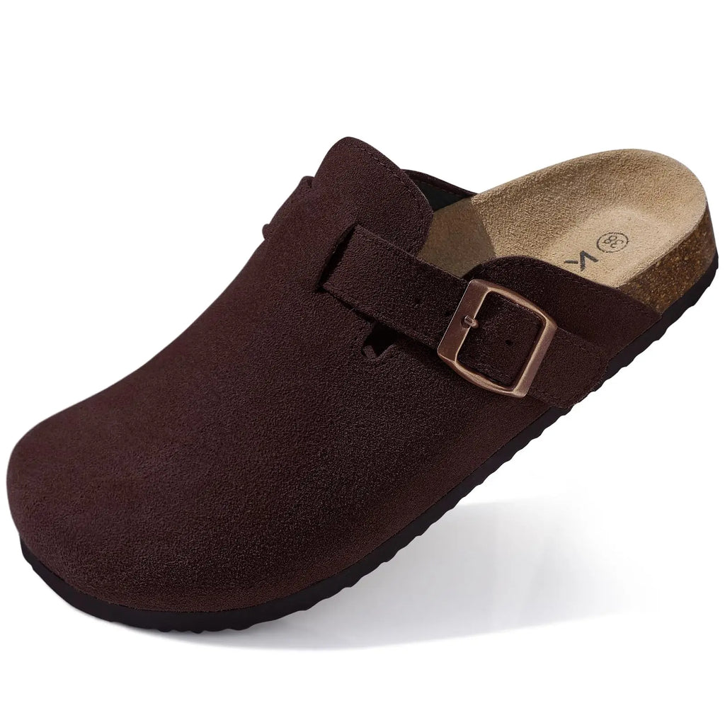 Philipberk Unisex Suede Clogs – Soft Leather Slip-On Sandals with Cork Footbed & Adjustable Buckle