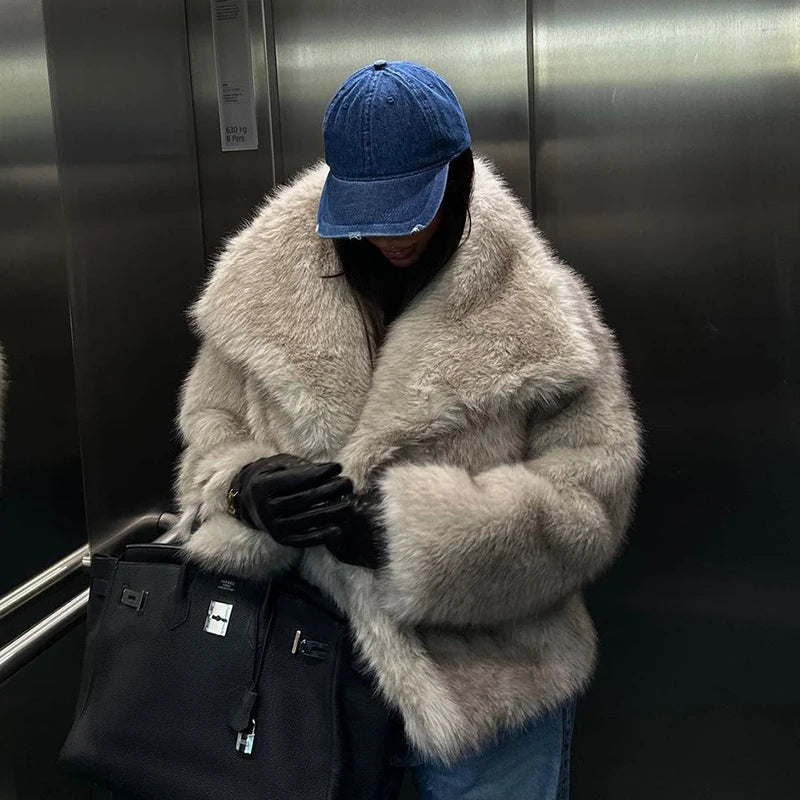 Gradient Faux Fur Coat with Oversized Collar