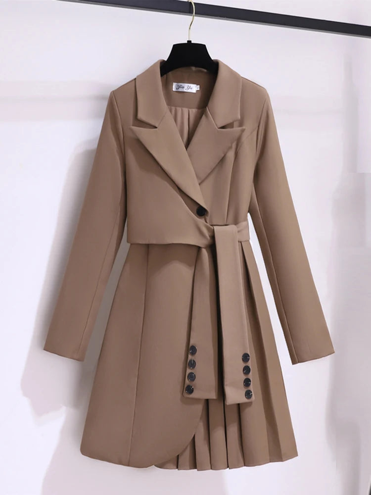 Fashion Long Sleeve Suit Dress – Pleated Belted Winter Outfit for Women