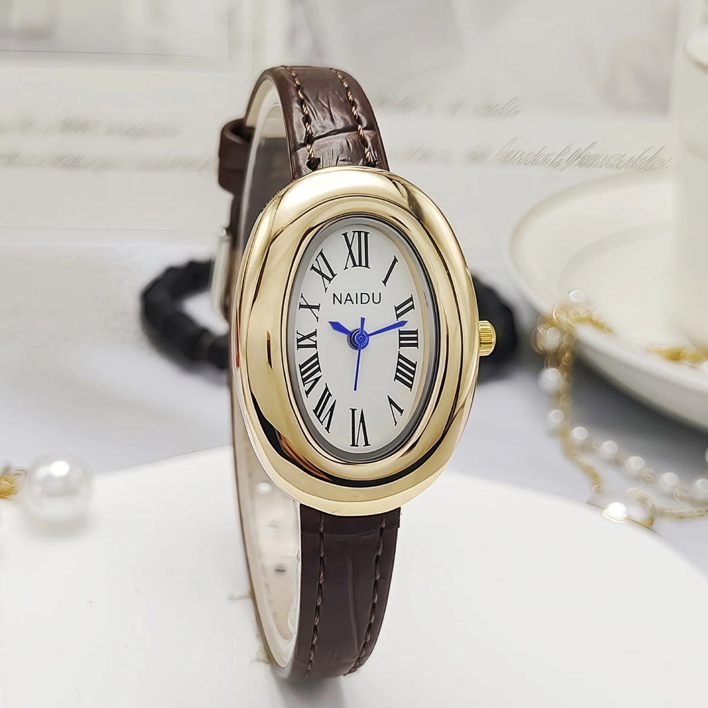 Vintage Oval Goose-Egg Women’s Quartz Watch – Leather Strap Ladies Timepiece