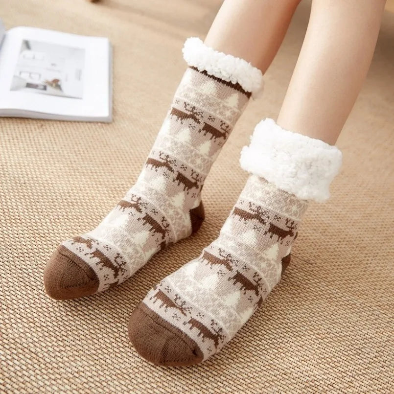 Cute Fuzzy Christmas Socks – Warm Plush Penguin & Deer Non-Slip Floor Slippers