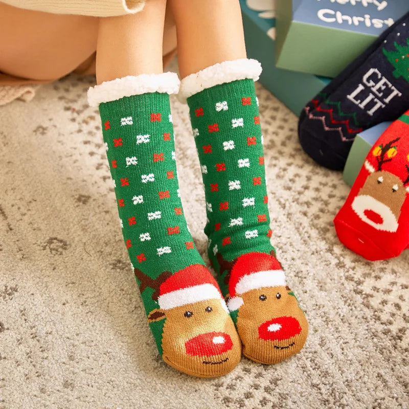 Cute Fuzzy Christmas Socks – Warm Plush Penguin & Deer Non-Slip Floor Slippers