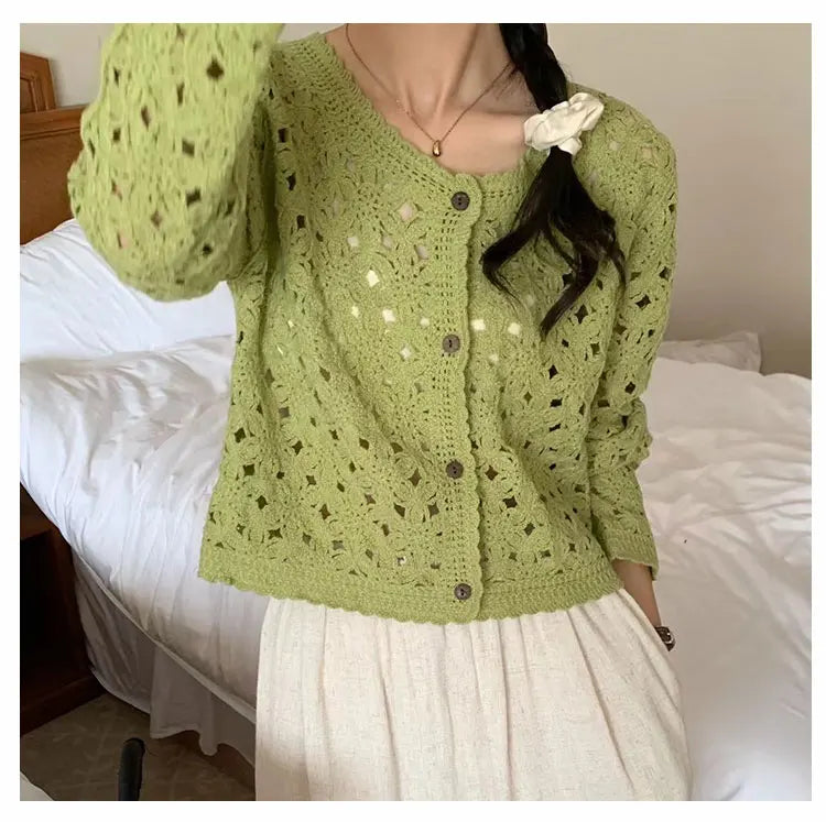 Philiberk Sheer Crochet Button-Up Cardigan for Women