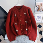Retro Embroidered Twist Sweater Jacket – Women’s Thick Knit Cardigan
