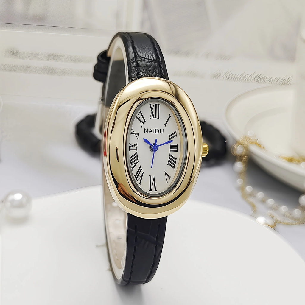 Vintage Oval Goose-Egg Women’s Quartz Watch – Leather Strap Ladies Timepiece