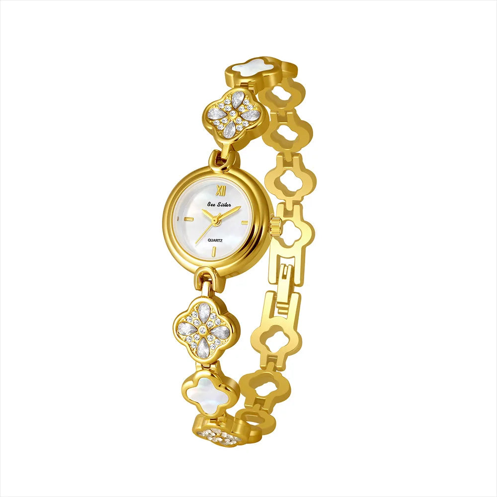 Women’s Lucky Four-Leaf Clover Quartz Watch – Elegant Crystal Bracelet Luxury Dress Watch