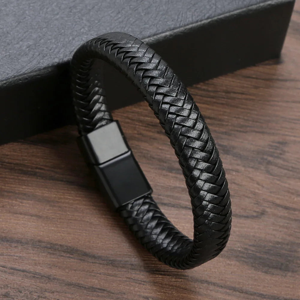 -Men’s Elegant Black Leather Magnetic Bracelet-