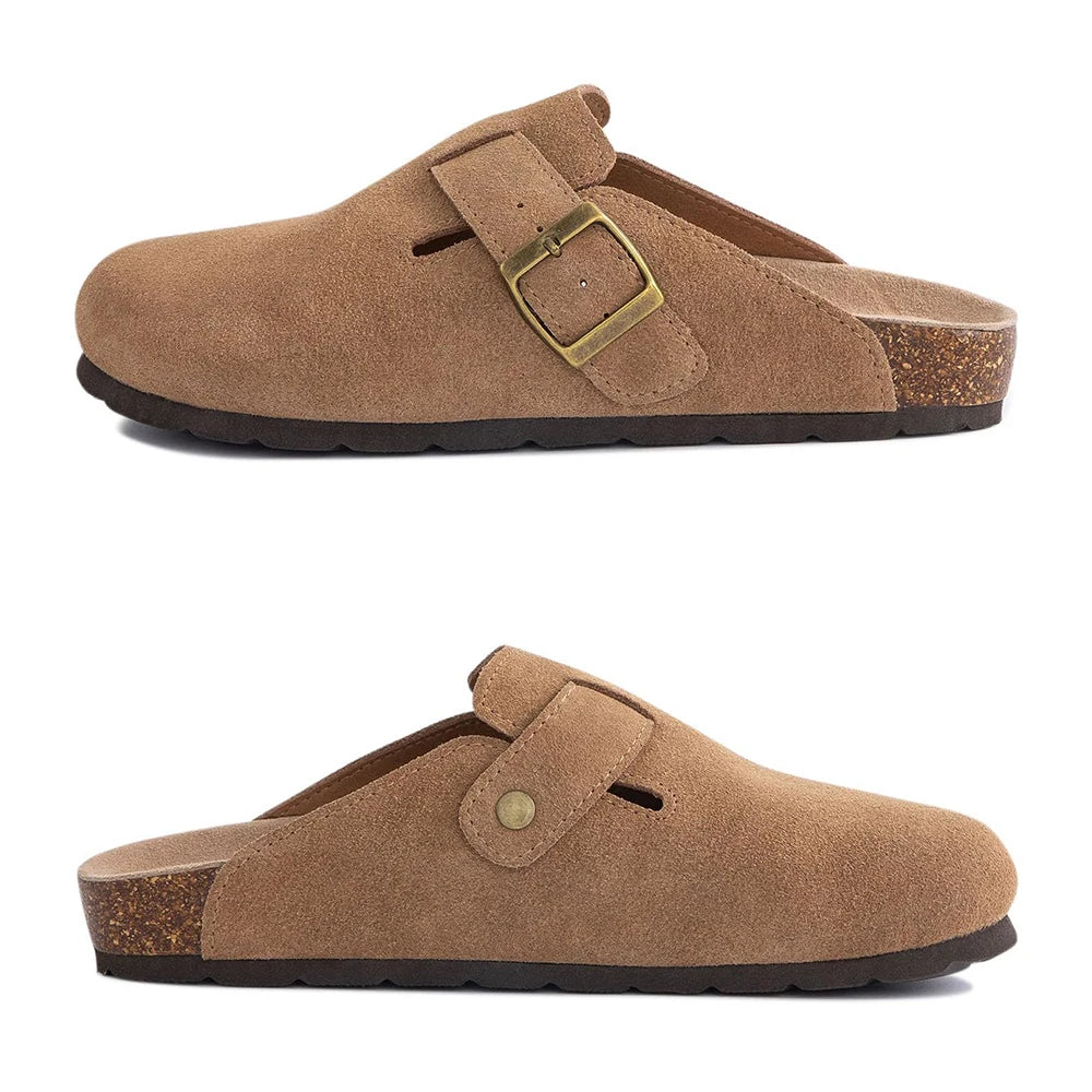 Philipberk Unisex Suede Clogs – Soft Leather Slip-On Sandals with Cork Footbed & Adjustable Buckle