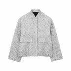 Women’s Sequined Bomber Jacket – Chic Fall Round Neck Coat with Pockets