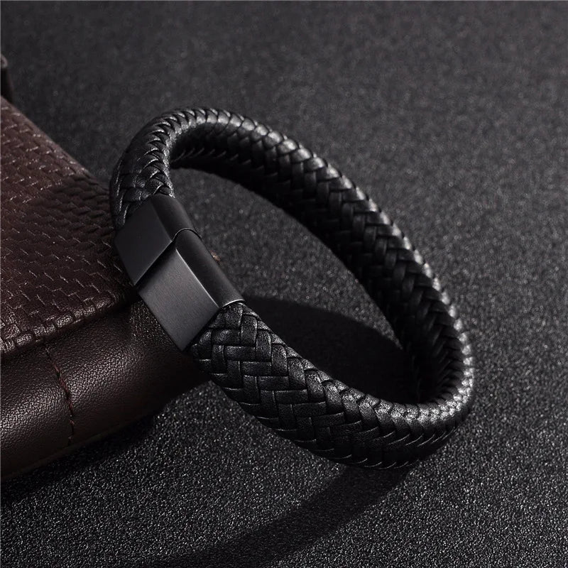 -Men’s Elegant Black Leather Magnetic Bracelet-