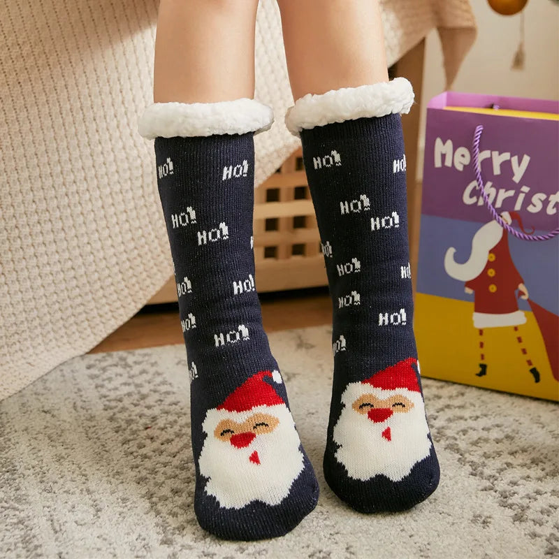 Cute Fuzzy Christmas Socks – Warm Plush Penguin & Deer Non-Slip Floor Slippers