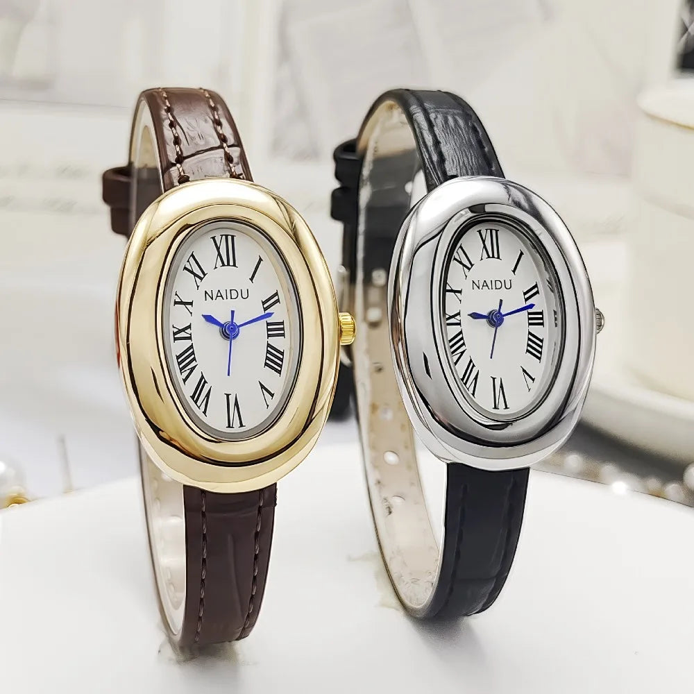 Vintage Oval Goose-Egg Women’s Quartz Watch – Leather Strap Ladies Timepiece