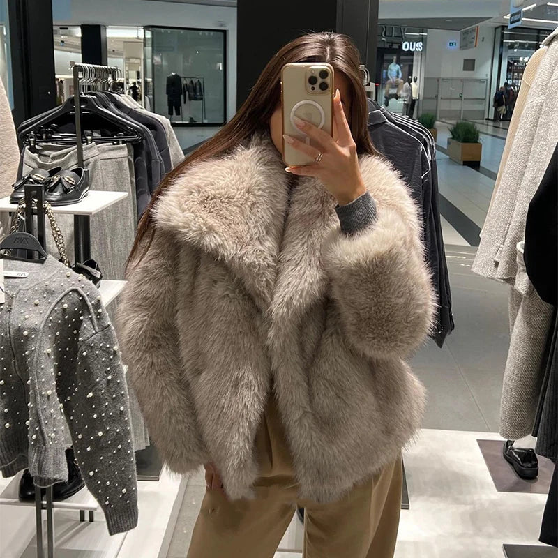 Gradient Faux Fur Coat with Oversized Collar