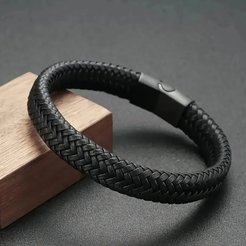 -Men’s Elegant Black Leather Magnetic Bracelet-