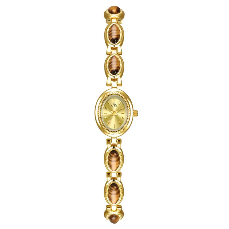 Golden Retro Women’s Watch with Jeweled Bracelet – Luxury Oval Dial Ladies Timepiece