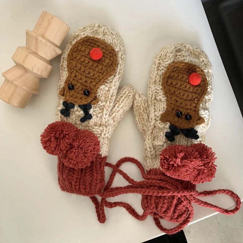 Festive Elk Plus-Velvet Mittens – Warm Hanging-Neck Winter Gloves