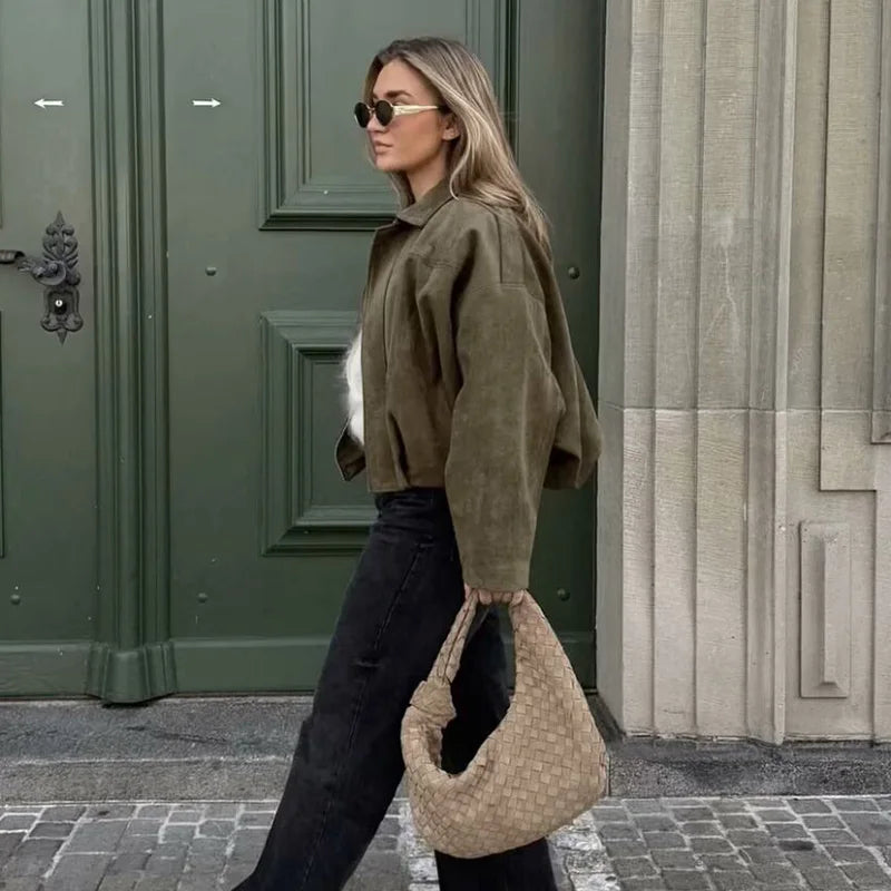 Women’s Vintage Bomber Jacket with Turn-Down Collar