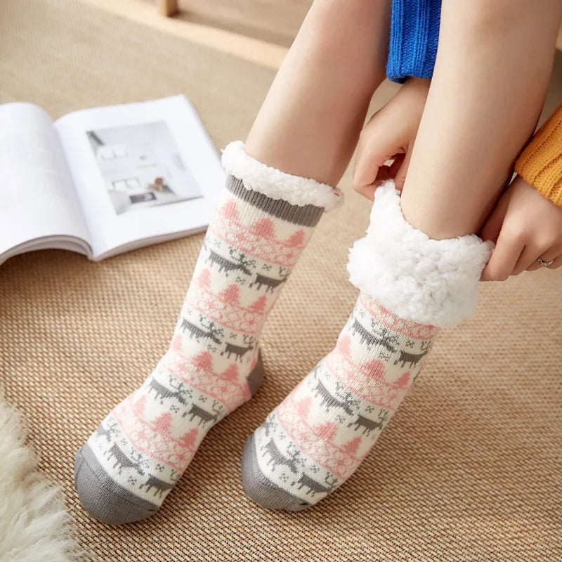 Cute Fuzzy Christmas Socks – Warm Plush Penguin & Deer Non-Slip Floor Slippers